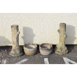 Pair of composite 'stone' garden birdbaths or urn pedestals and a pair of urns Condition: