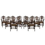 Set of twelve Hepplewhite style shield back dining chairs comprising: two carvers and ten standards,