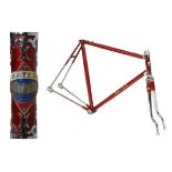 Bates of London steel racing cycle frame in metallic red with chrome ornate lugwork, chrome fork