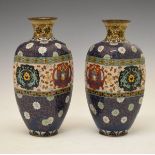 Pair of Japanese cloisonné square baluster shaped vases, Meiji period, each having stylised animal