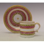 18th Century Bristol porcelain coffee can and saucer, each with bands of pink scale and green husks,