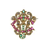 Victorian gem set monogram brooch, set with rubies, emeralds, and diamonds, 2.5cm x 2.1cm, 6.2g