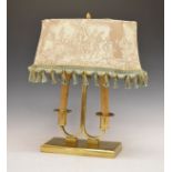 W.M.F brass table lamp formed as a two branch candelabra and standing on a rectangular base, 52.