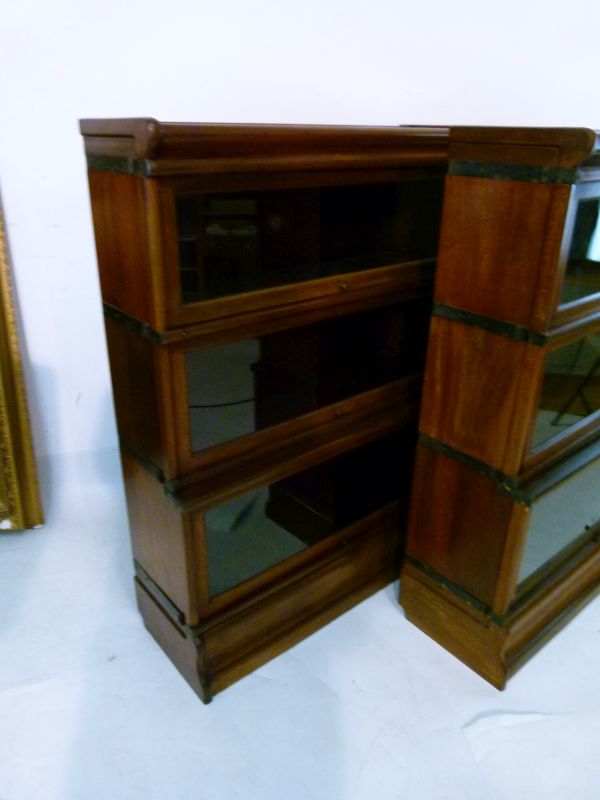 Pair of early 20th Century Globe Wernicke mahogany three tier sectional bookcases, each fitted up- - Image 2 of 7