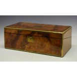 Victorian brass bound figured walnut writing box, the hinged cover opening to reveal a fitted