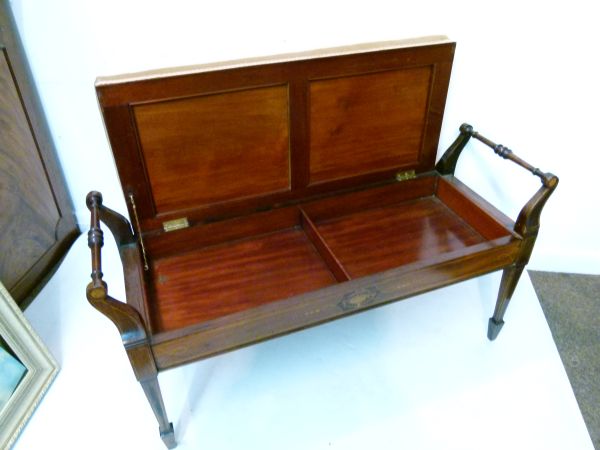 Edwardian Sheraton Revival inlaid rosewood box seat duet stool standing on tapered spade supports - Image 4 of 8