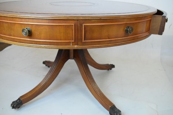 Matched pair of reproduction mahogany low drum tables, each having an inset leather top, fitted real - Image 8 of 9