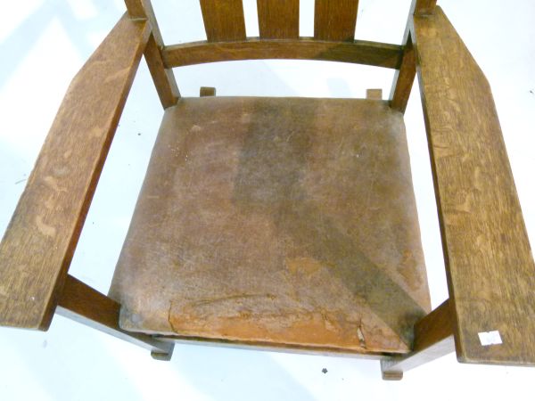 Gustav Stickley oak ladder back rocking chair having a triple lath back, wide flat arms, stuffed - Image 3 of 7