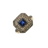 Sapphire and diamond panel ring, stamped '18ct', the square cut stone measuring approximately 6mm