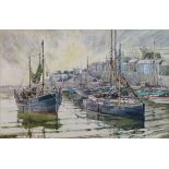 Frank Shipsides (1908-2005) - Watercolour - Fishing Boats In Brixham Harbour, signed and dated 1957,