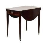 George III string inlaid mahogany oval two flap Pembroke tea table fitted two dummy drawers and