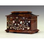 19th Century mother-of-pearl inlaid tortoiseshell sarcophagus shaped tea caddy, the hinged cover