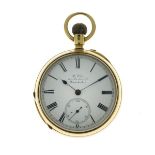 H. White, 104 Market St, Manchester - 18ct gold open faced pocket watch, the signed white enamel