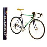 Basso Columbus SL steel framed racing cycle frame in metallic green and purple with white decals,