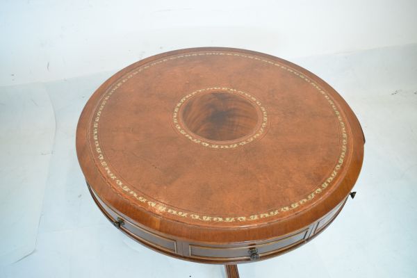 Matched pair of reproduction mahogany low drum tables, each having an inset leather top, fitted real - Image 5 of 9