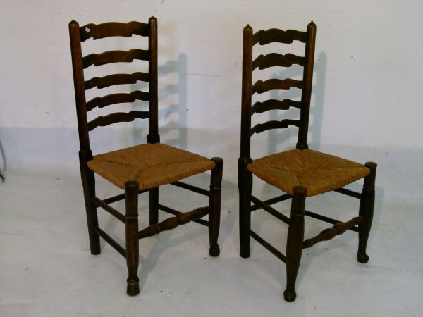 Matched set of six 19th Century ash and oak ladder back dining chairs, each having a rush seat and - Image 3 of 6