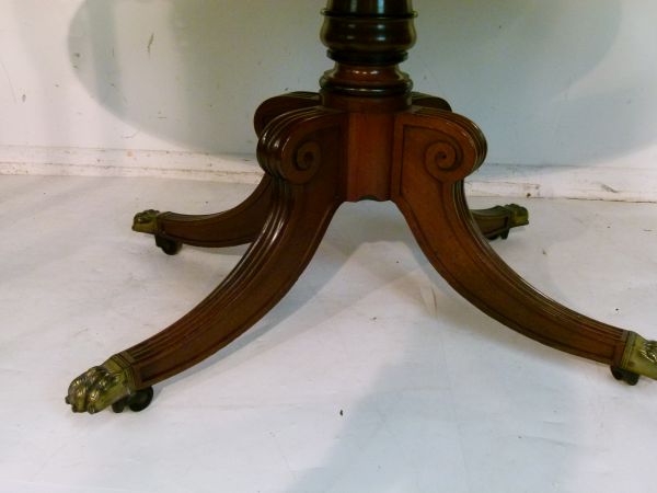 Regency satinwood crossbanded mahogany oval snap top breakfast table standing on a turned pillar and - Image 4 of 6