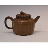 Chinese Yixing lobed teapot having a speckled brown glaze, the rim and the cover rim with brass