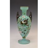 19th Century French pale green opaque glass baluster shaped vase having painted enamelled decoration