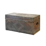 19th Century brass studded leather bound pine trunk, the hinged top with initials J.G., 91.5cm