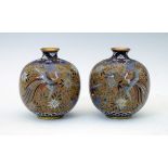 Pair of Japanese cloisonné globular vases, Meiji period, each decorated with phoenix amongst foliage