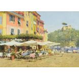 Bob Richardson (b.1938) - Pastel - A Mediterranean Harbourside Café, signed, 40cm x 55cm A.R.