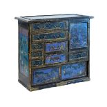 19th Century Japanese black lacquered and cloisonné floor standing side cabinet, the cloisonné