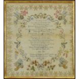 George III needlework sampler decorated with verse 'Brotherly Love….', and script 'Ann Gill finished