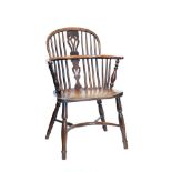 19th Century yew wood and elm low hoop back Windsor elbow chair, North East Midlands/Nottinghamshire