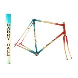 Harry Hall Reynolds 531 steel racing cycle frame in red, white and blue with black decals, having