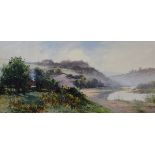 Bartram Hiles (1872-1927) - Watercolour - Rural riverside landscape, signed, 24.5cm x 52cm