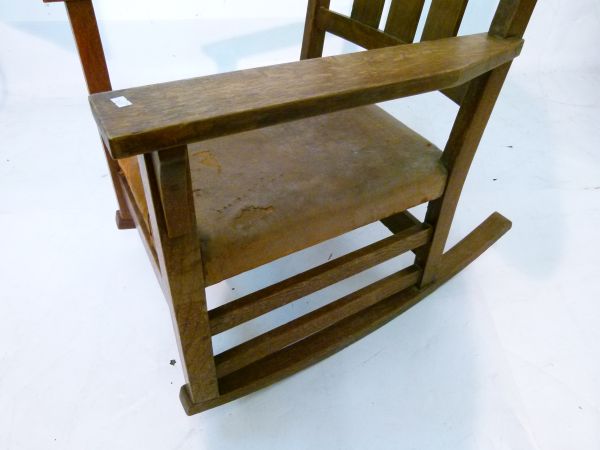 Gustav Stickley oak ladder back rocking chair having a triple lath back, wide flat arms, stuffed - Image 2 of 7