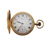 Waltham - 18ct gold half hunter pocket watch, the white enamel signed dial with black Roman