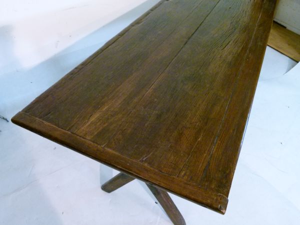 Antique oak rectangular top refectory style tavern table standing on an X frame base united by a - Image 2 of 8