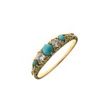 Diamond and turquoise five stone ring, unmarked, the two old brilliant cuts totalling