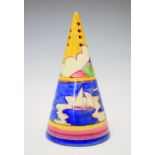 Clarice Cliff 'Gibraltar' conical sugar sifter, 14cm high Condition: Tiny area of yellow