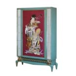 1930's period chinoiserie gilt and pale green painted wardrobe, the door having a painted panel