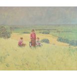 Stephen Brown (b.1947) - Oil on canvas - Landscape with family and dog, signed with initials, 50cm x