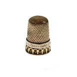 Unmarked yellow metal thimble with engraved script 'Frendshipe I Hould More Dere Than Gould', 2.