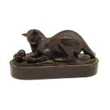 Bronzed copper clad plaster figure depicting a cat playing with a ball, after Katherine Lane