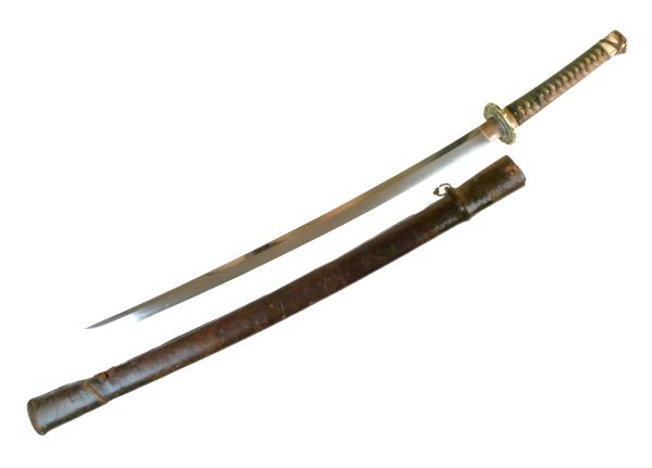 Japanese officers Katana, with braid bound shark skin covered grip and military pattern brass