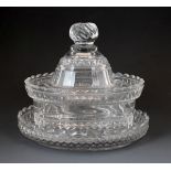 Regency oval bowl and cover decorated with bands of diamond cut decoration, 15.5cm wide, on an