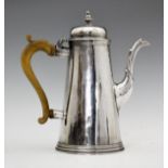 George II silver coffee pot of tapered cylindrical form, having a flat dome top, decorative spout