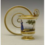 19th Century Paris porcelain cabinet cup and saucer, the cup having painted decoration depicting