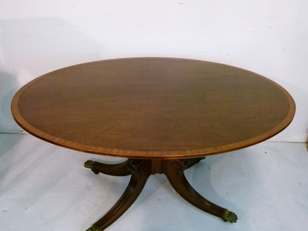 Regency satinwood crossbanded mahogany oval snap top breakfast table standing on a turned pillar and - Image 2 of 6