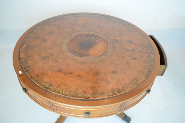 Matched pair of reproduction mahogany low drum tables, each having an inset leather top, fitted real - Image 7 of 9