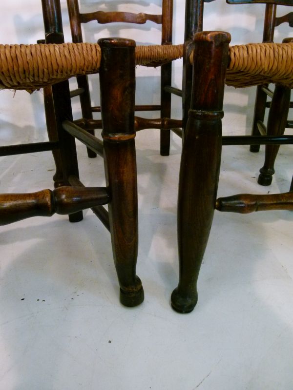 Matched set of six 19th Century ash and oak ladder back dining chairs, each having a rush seat and - Image 2 of 6