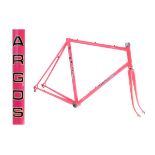 Argos branded steel racing cycle frame in luminous pink with black and white transfers, fitted