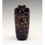 Japanese cloisonné tapered cylindrical vase finely decorated with stylised foliage on a dark blue