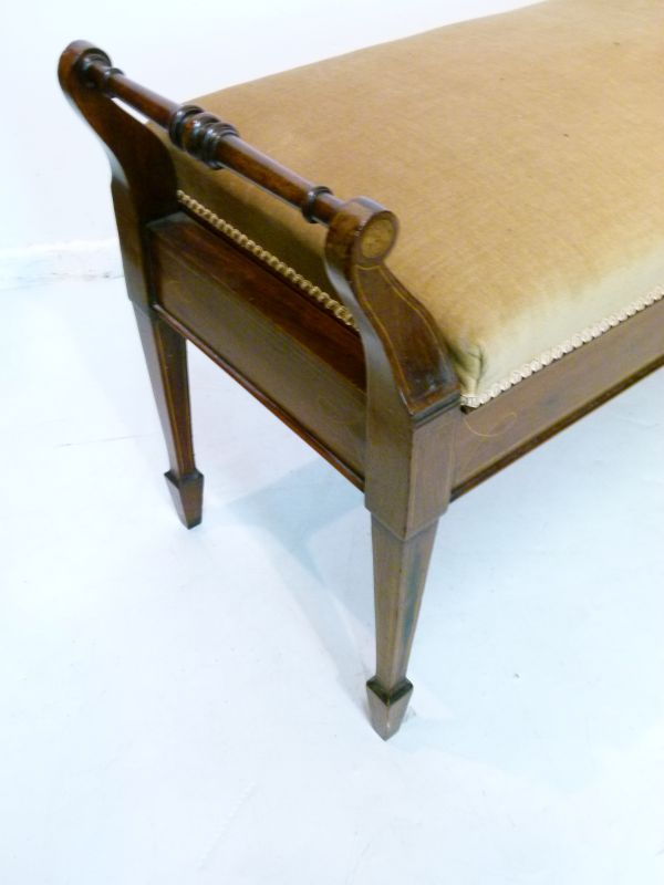 Edwardian Sheraton Revival inlaid rosewood box seat duet stool standing on tapered spade supports - Image 2 of 8